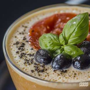 Recette Apéritif : Cappuccino de Tomates au Basilic et aux Olives Noires Confites