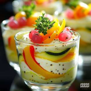 Mousses de Ricotta au Poivron, Courgettes et Baies Roses