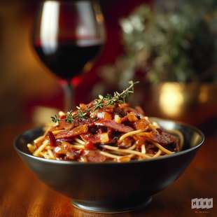 Spaghettis au Vin Rouge et aux Lardons Fumés