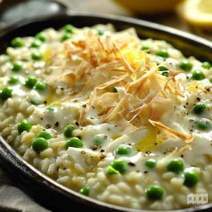 Risotto d'Épeautre, Pois, Crémeux Citron et Copeaux de Tomme de Savoie Igp