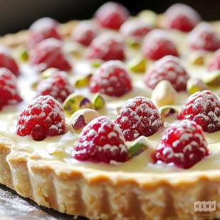 Tarte au Chocolat Blanc, Framboises et Pistaches