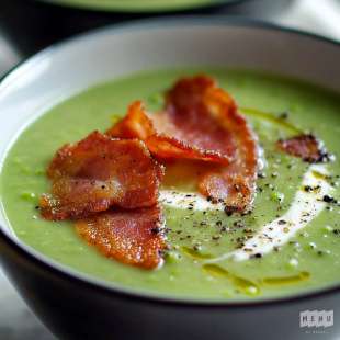 Soupe de Petits Pois au Mascarpone et au Bacon Craquant