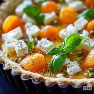 Tarte Fine Parmesan, Basilic, Chèvre Frais, Abricot et Pistache