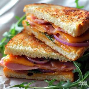 Croque-Monsieur au Confit d'Oignon, Cheddar, Jambon et Roquette
