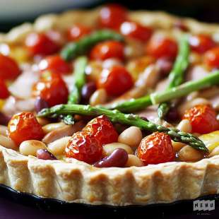 Tarte aux Fèves, Tomates, Asperges et Magret de Canard