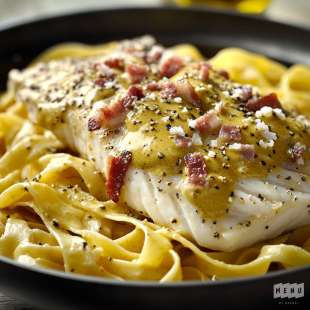 Pavé de Flétan Sauce Moutarde et Tagliatelles aux Lardons