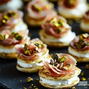 Mini Blinis au Prosciutto et Pistaches