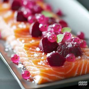 Saumon Gravlax aux Betteraves et Baies Roses
