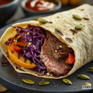 Wrap au Boeuf Mariné, Chou Rouge et Poivrons