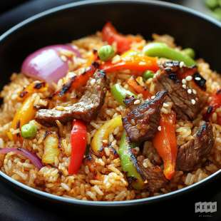 Riz Sauté au Boeuf et Poivrons Grillés