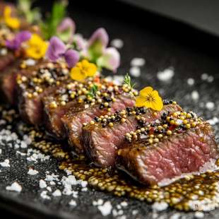 Tataki de Boeuf Sauce Miso et Graines de Moutarde