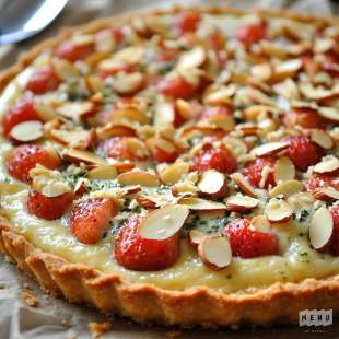 Tarte Fine aux Fraises, Crème Pâtissière au Basilic et Amandes Effilées
