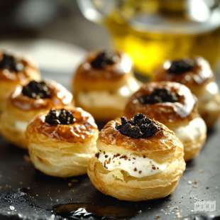 Mini Choux au Cream Cheese et Tapenade, Glaçage à l’Huile D’Olive
