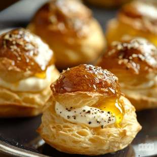 Mini Choux au Cream Cheese et Moutarde, Glaçage au Miel