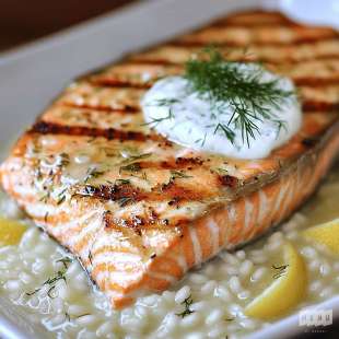 Pavé de saumon Grillé, Risotto au Citron et Sauce au Yaourt et à l'Aneth