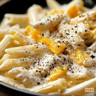 Penne, Crème de Poivrons Jaunes et Ail Noir