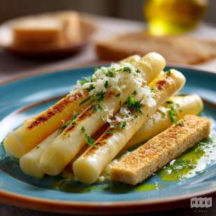 Asperges Blanches Grillées, Sablé Parmesan et Crème d’Ail
