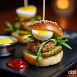 Recette Apéritif : Mini Burger à l’Oeuf de Caille, Pickles et Moutarde