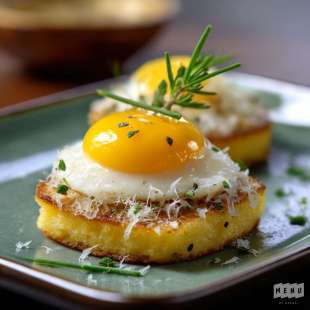 Oeuf de Caille sur Toast de Polenta, Parmesan et Herbes