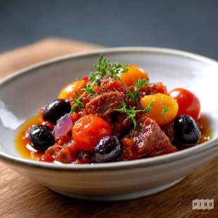 Paleron Confit, Concassée de Tomate et Olives Noires