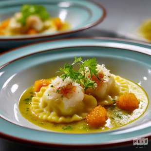Raviolis de Langoustine, Bisque Réduite et Zestes d’Agrumes