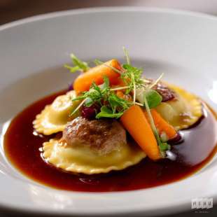 Raviolis de Veau, Jus Corsé au Vin Rouge et Brunoise de Légumes