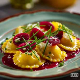 Raviolis de Ricotta, Betterave Jaune et Vinaigrette Framboise
