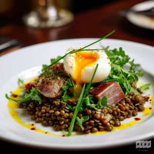 Salade Tiède de Lentilles Vertes du Puy, Oeuf Poché et Lard