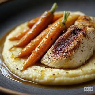 Suprême de Volaille, Purée de Panais, Carottes Glacées, Sauce Moutarde à L’Ancienne