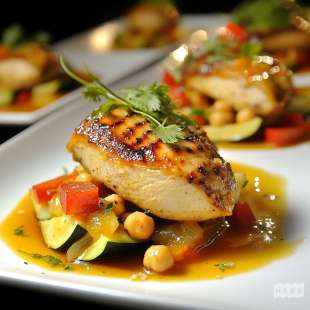 Suprême de Volaille, Purée de Pois Chiches, Légumes Confits au Ras El Hanout, Jus Réduit au Citron Confit