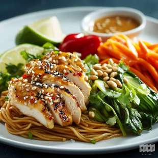 Suprême de Volaille, Nouilles Sautées aux Légumes, Sauce Satay