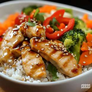 Suprême de Volaille, Riz Gluant, Légumes Croquants, Sauce Teriyaki
