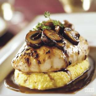 Suprême de Volaille, Polenta Crémeuse, Poêlée de Champignons et Sauce au Porto