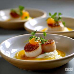 Pétoncles Snackés, Purée de Topinambour et Jus Réduit