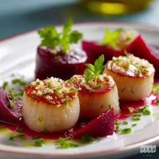 Pétoncles Marinés, Betterave, Vinaigre de Framboise et Herbes