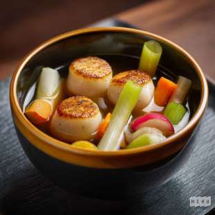 Pétoncles Pochés, Bouillon Dashi et Légumes Croquants