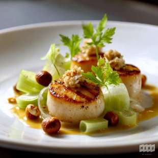 Pétoncles Grillés, Céleri, Noisette et Jus de Pomme