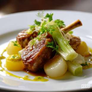 Veau Confit au Jarret, Céleri, Pomme et Condiment Moutarde