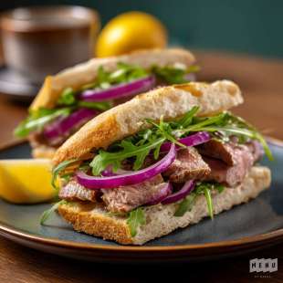 Sandwich de Boeuf Mariné, Oignon Rouge et Roquette