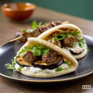 Pita d’Agneau, Aubergine, Yaourt et Herbes Fraîches