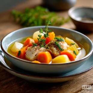 Poule en Bouillon aux Légumes Racines et Thym
