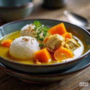 Poule en Bouillon au Curcuma, Carotte et Riz Rond