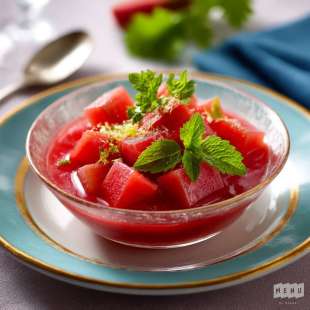 Rhubarbe Pochée, Verveine et Jus de Fraise