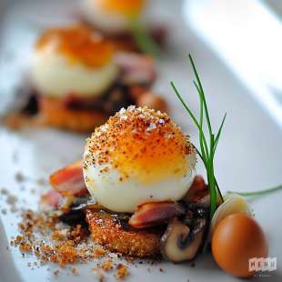 Oeuf Mollet Frit, Fricassée de Champignons et Lardons Fumés