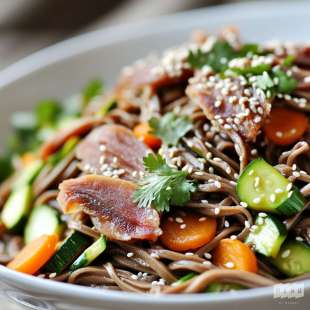 Soba au Canard Laqué, Légumes Croquants et Sésame