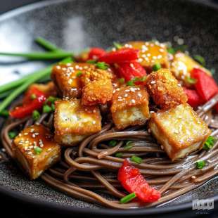 Soba Sautés au Tofu Croustillant, Sauce Miso Caramélisée