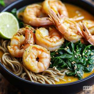 Soba en Bouillon Coco-Curry, Gambas Snackées
