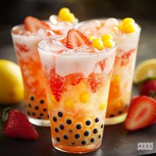 Bubble Tea Fraise au Lait et Perles Popping à la Mangue