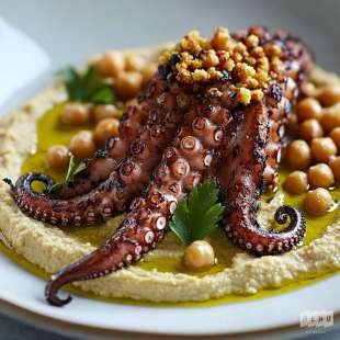 Poulpe Grillé sur Houmous et Pois Chiches Croquants