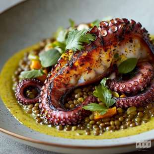 Poulpe Grillé sur Salade Tiède de Lentilles et Vinaigrette au Curry